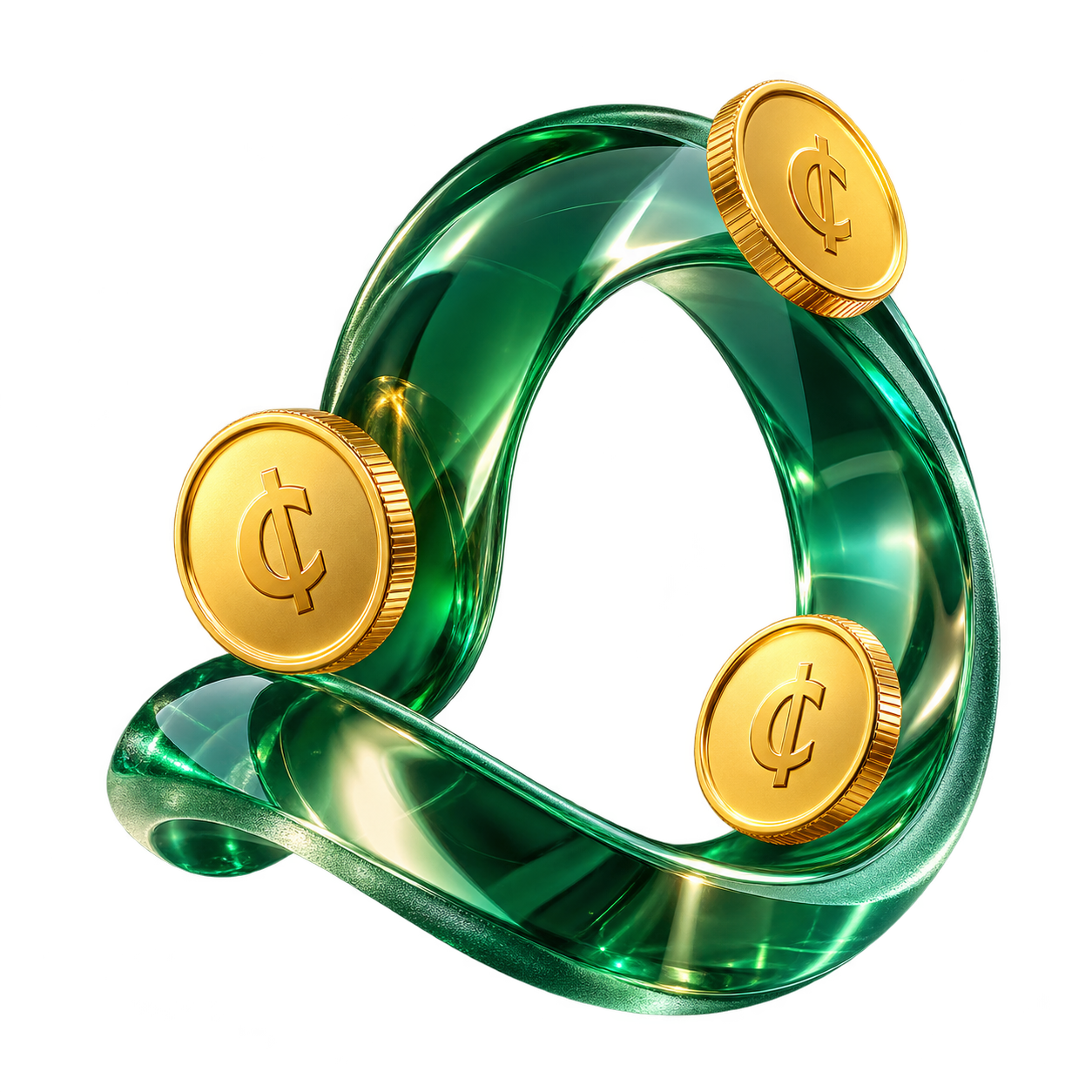 Sculptural emerald glass with gold cedi coins